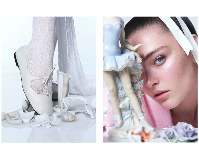 A fashion editorial showcasing a woman's face and broken porcelain dolls with a ballerina, styled with shoes, hosiery, and ribbons.