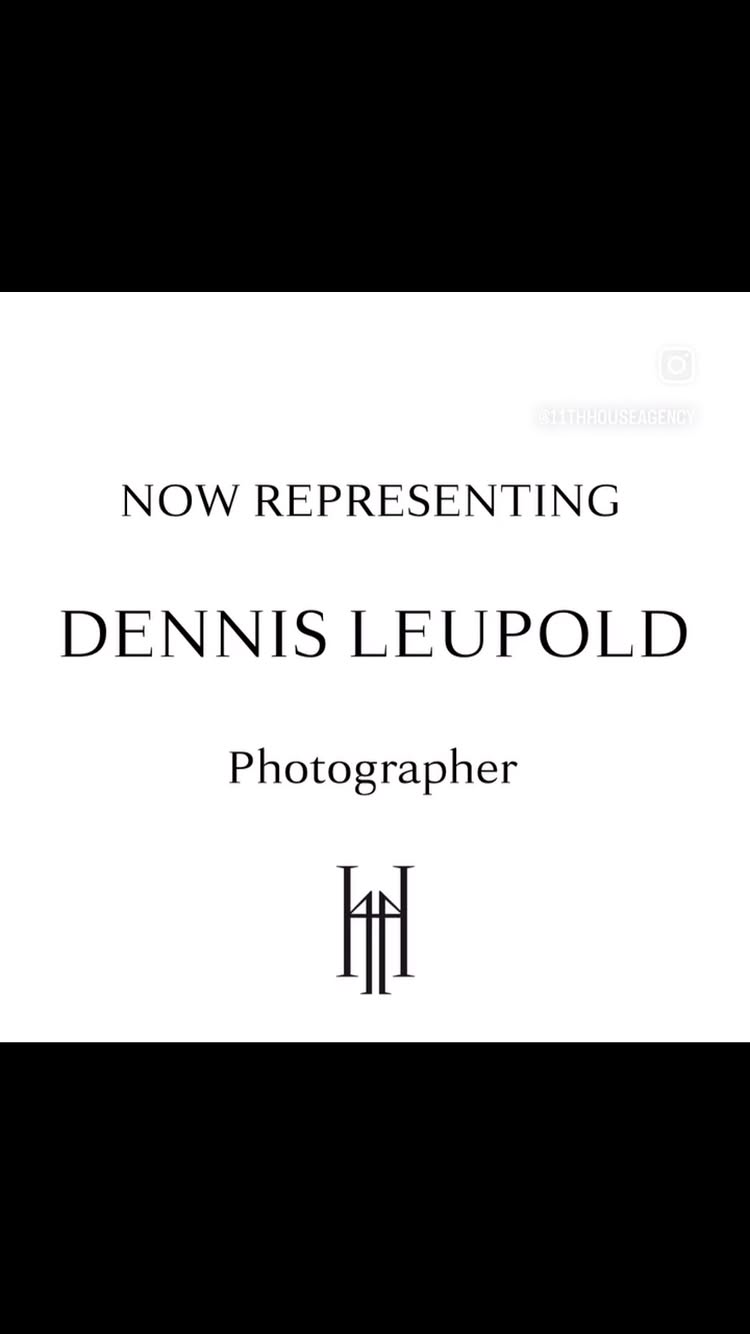 Text-based graphic with the words "NOW REPRESENTING DENNIS LEUPOLD Photographer" centered on a white background, framed by black.