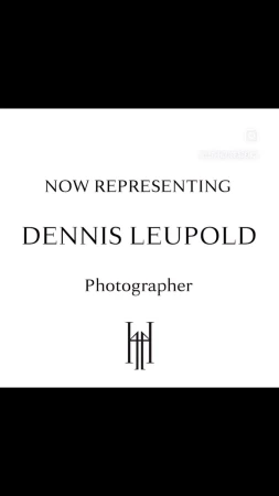 Text-based graphic with the words "NOW REPRESENTING DENNIS LEUPOLD Photographer" centered on a white background, framed by black.