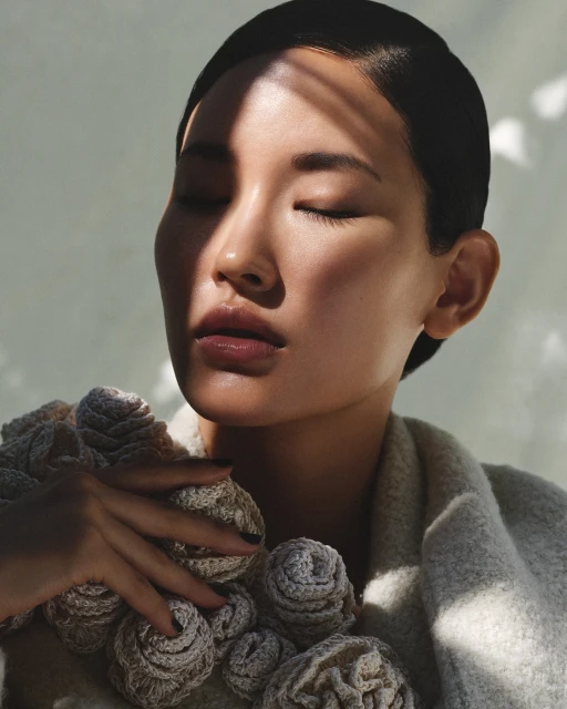 Close-up portrait of a serene Asian woman with closed eyes, wearing a light-colored textured coat with decorative floral embellishments.