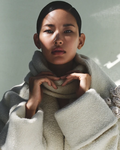 Portrait of an Asian woman wearing a white textured coat, hands near her neck, against a soft-colored background, fashion editorial.