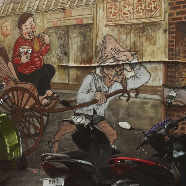 Street art mural depicting a rickshaw being pulled by a man in a hat, while another man sits and eats noodles, with motorbikes parked in front.
