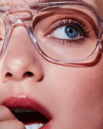Extreme close up portrait of a woman wearing transparent framed glasses with glossy red lips and blue eyes