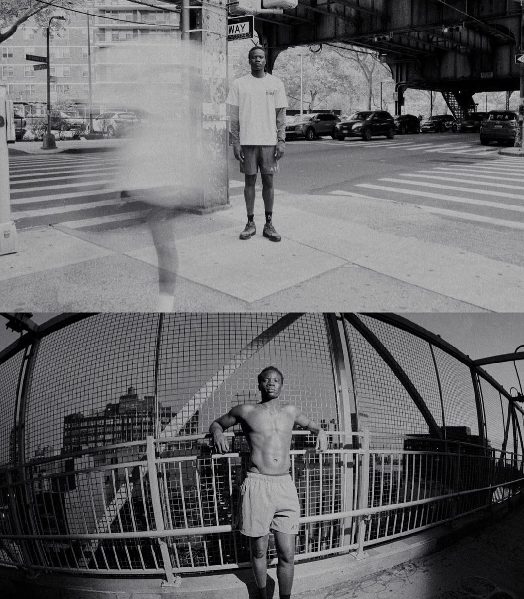 Two black and white split-screen shots of an athletic adult male posing in an urban setting, with city streets and bridge visible.