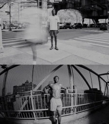 Monochrome street portrait of a Black man standing on a New York sidewalk shot by Dennis Stenild