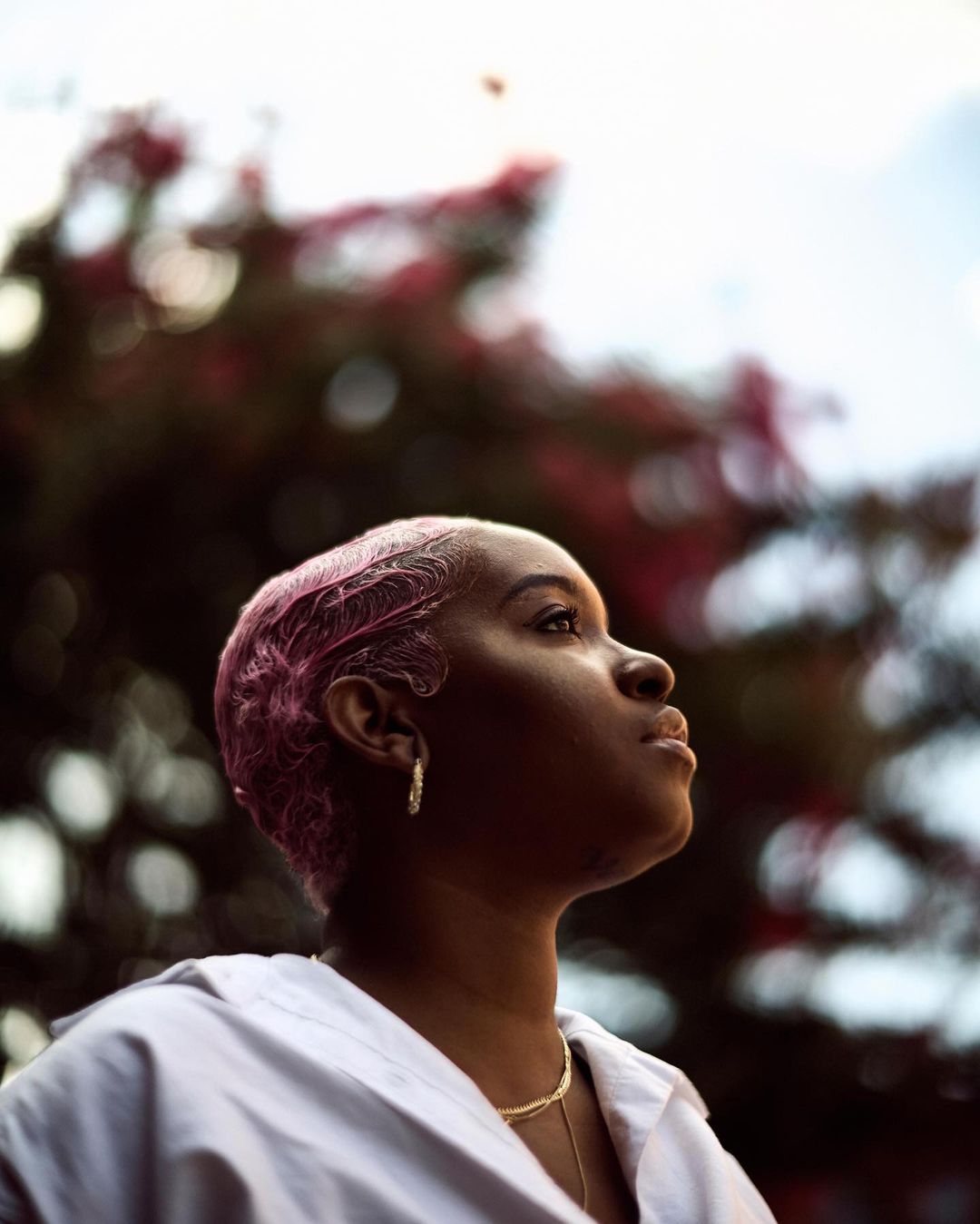 Portrait of a young Black woman with pink hair looking up with a blurred background of greenery and pink flowers, against a sky background.