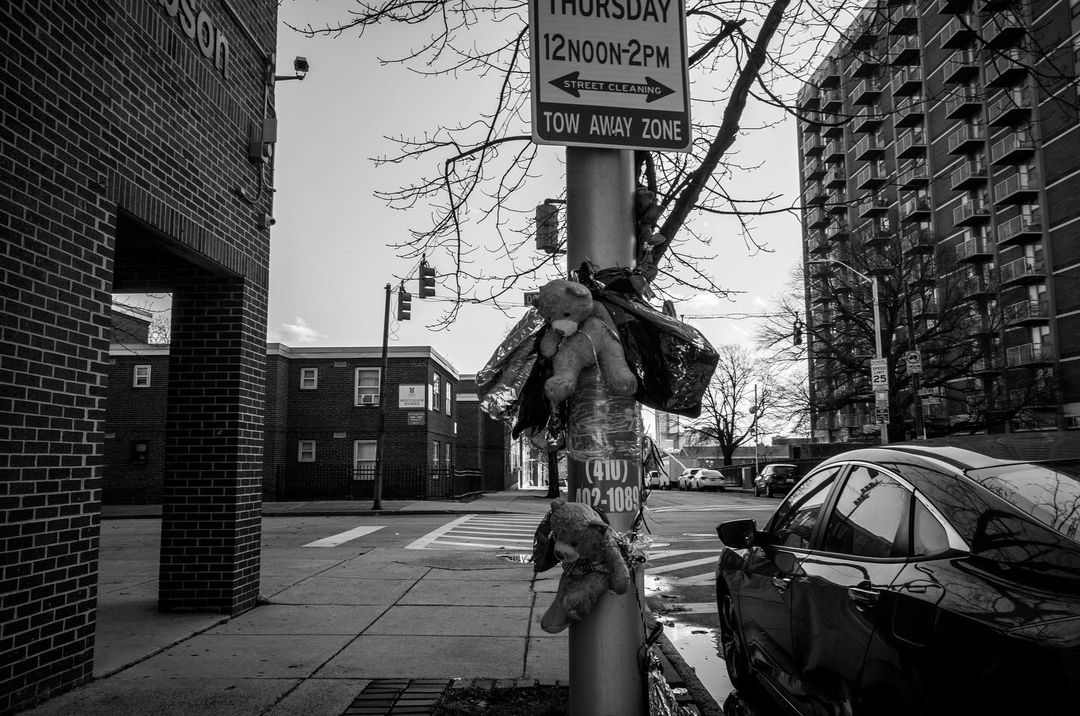 Urban black-and-white street scene features teddy bears tied to a signpost with a modern car and apartment buildings in the background.
