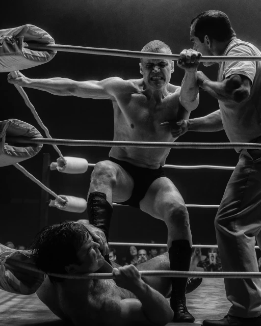 Black and white wrestling match with three adult male wrestlers in a ring surrounded by ropes, with dark background audience.