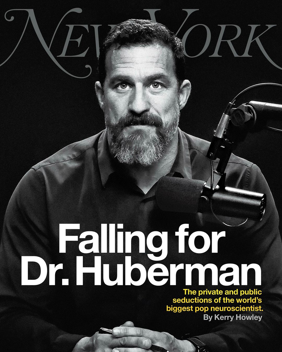 Magazine cover features Dr. Huberman in a close-up headshot with a short beard, dark shirt, and a studio microphone in the foreground.