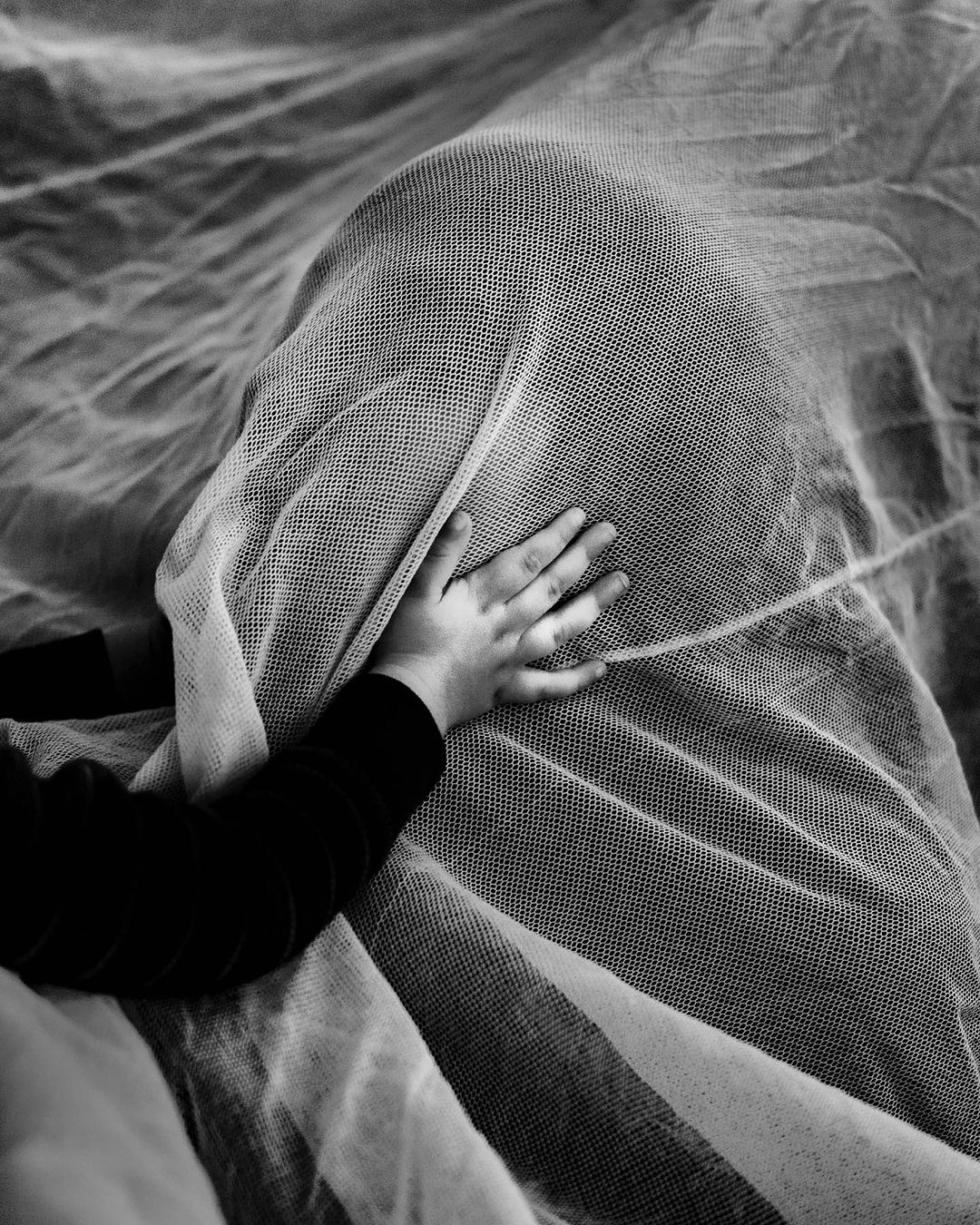 Child's hand reaches out from under a draped white net fabric, creating a soft, textured black and white abstract portrait.
