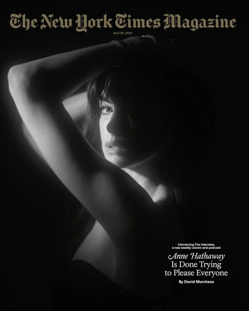 Black and white portrait of Anne Hathaway on the cover of New York Times Magazine, April 28, 2024, with text about the interview.