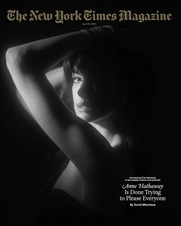 Black and white portrait of Anne Hathaway on the cover of New York Times Magazine, April 28, 2024, with text about the interview.