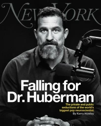 Portrait of Andrew Huberman with a beard and dark shirt seated before a black background with a microphone and overlaid typography