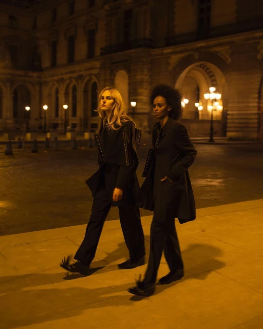 Two adult female models in dark clothing walk across a stone plaza at night, with classical architecture and streetlights in the background.