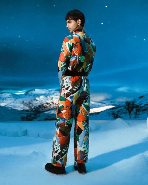 Young man poses in a patterned ski suit against a snowy, mountain backdrop under a blue and starry sky, captured in a fashion shot.