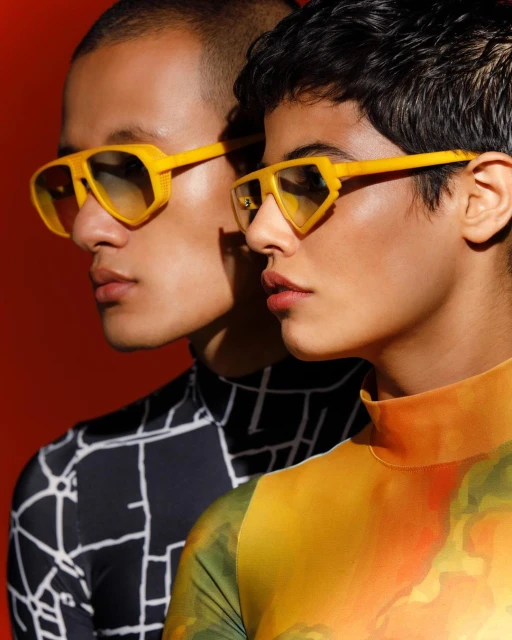 Two people wearing yellow geometric sunglasses and patterned turtlenecks pose against a red backdrop in a studio setting, fashion portrait.
