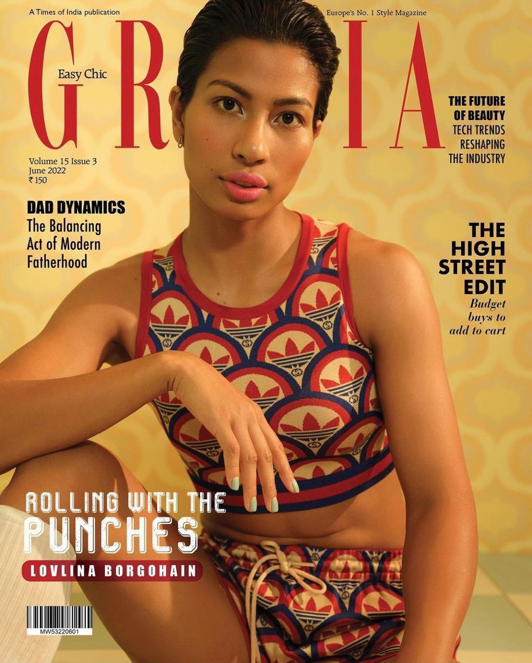 Magazine cover featuring Lovlina Borgohain, wearing an Adidas-print crop top and shorts, with the 'Grazia' masthead and cover lines.