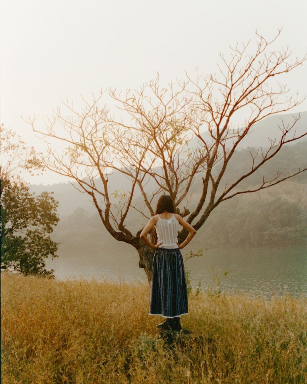 Rear view of a person standing with hands on hips before a bare tree in a dry grassy field overlooking a calm body of water.
