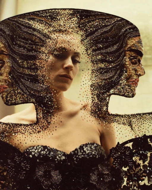 Woman wearing a shimmering black strapless dress and a beaded headpiece with face silhouettes, posing in a close-up studio shot.