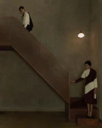 A woman in a two-tone dress and a man on stairs in an interior by Dhruvin
