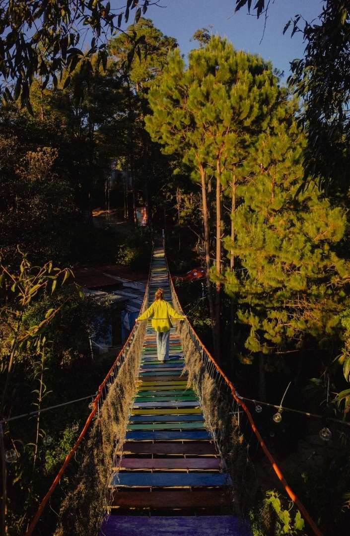 A person walks across a vibrant, multicolored suspension bridge surrounded by lush green trees under a sunny, clear sky, creating a serene scene.
