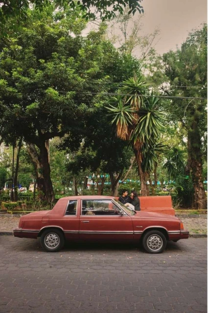 Maroon vintage car parked on a brick street in front of a park with two adults sitting on a bench, surrounded by green trees.