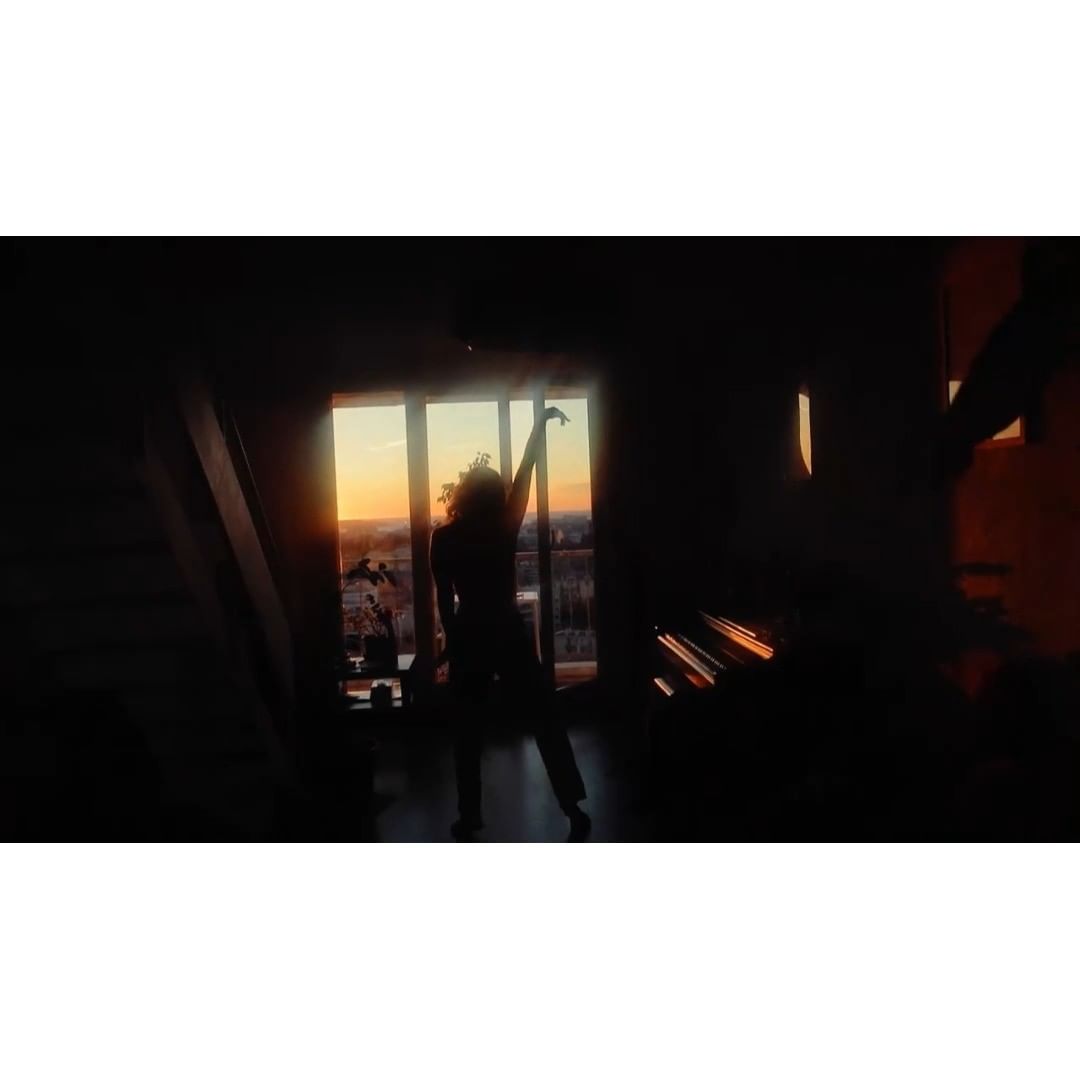 Silhouette of a person standing against a sunset window in an apartment overlooking a city horizon.