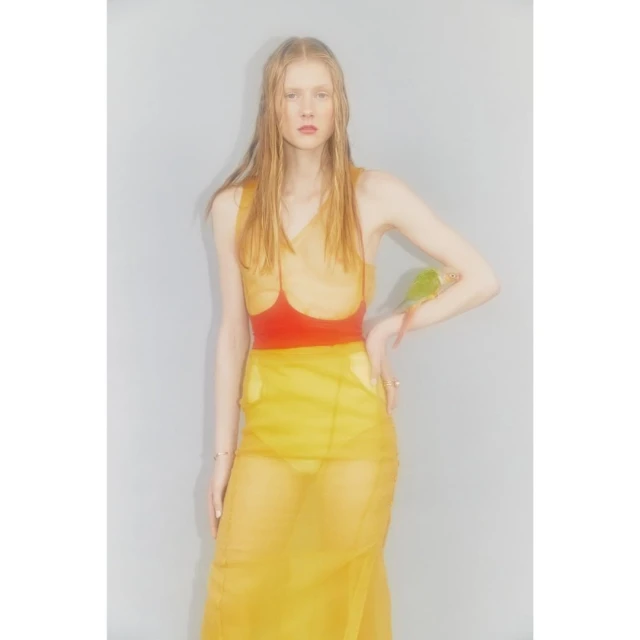 A fair-skinned woman poses indoors wearing a flowing yellow dress, standing against a light gray backdrop, with a small green bird on her arm.