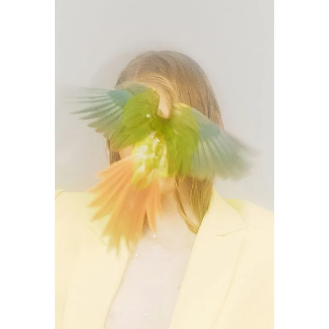 Woman in yellow blazer with a parrot in flight obscuring her face, creating a surreal and vibrant avian-human fusion.