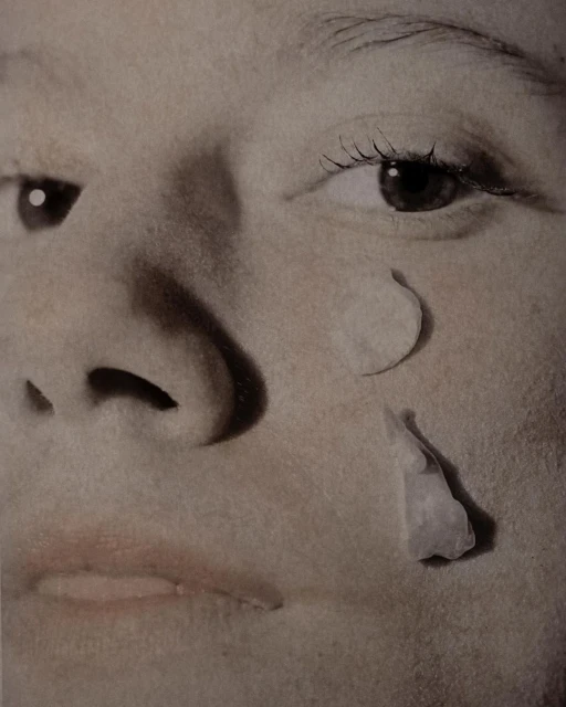 Close-up of a young adult's face, featuring dramatic tears crafted from cut paper, emphasizing the texture and artistic presentation.