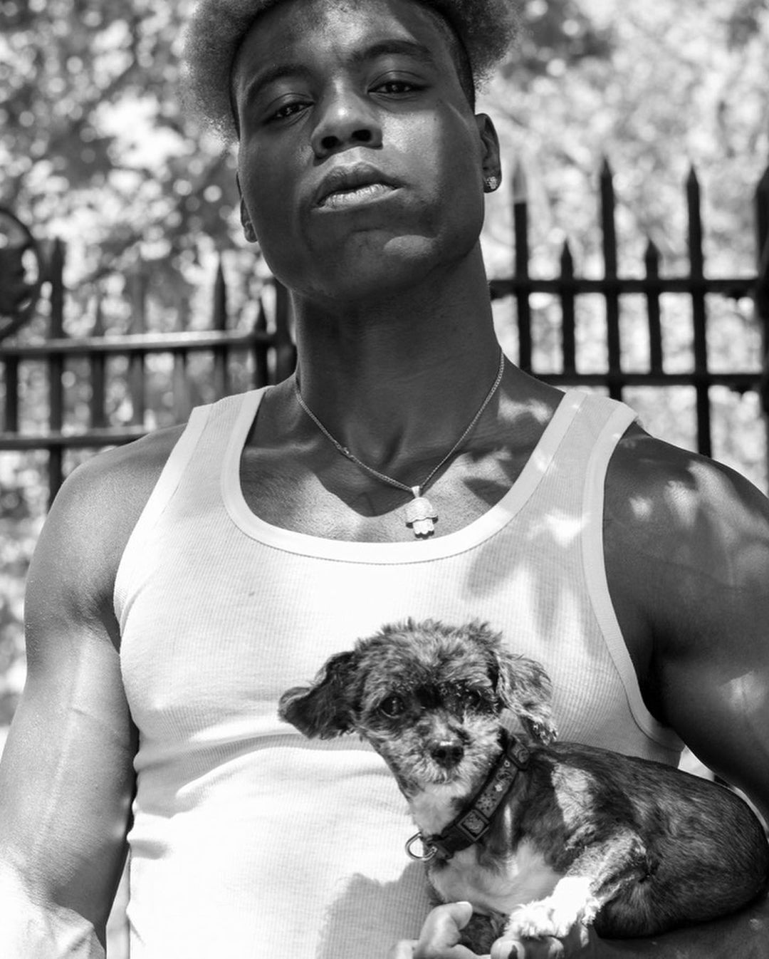 A black and white medium shot of a young adult male holding a small dog with a fence and leafy trees in the background on a sunny day.