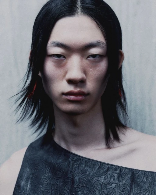 Close-up portrait of an Asian adult male with long black hair, wearing an asymmetrical black top against a grey textured background.