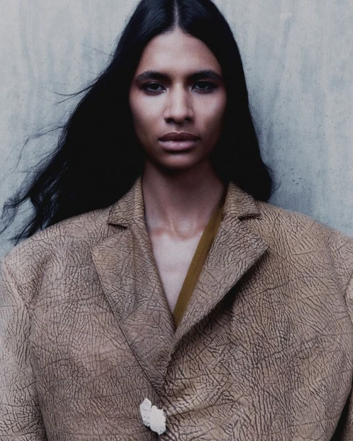 Close-up shot of a woman with long dark hair wearing a patterned tan jacket against a textured wall. Fashion editorial style.
