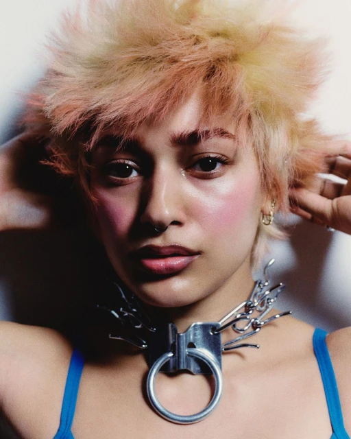 Close-up portrait of a young adult woman with spiky blonde and pink hair, wearing a metal collar, against a plain white background.