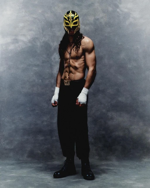 Muscular man wearing a lucha libre mask, hand wraps, and black pants poses in a full shot against a mottled grey backdrop.