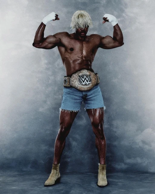 A muscular man with platinum hair poses in denim shorts and boots wearing a championship belt. He stands against a gray background.