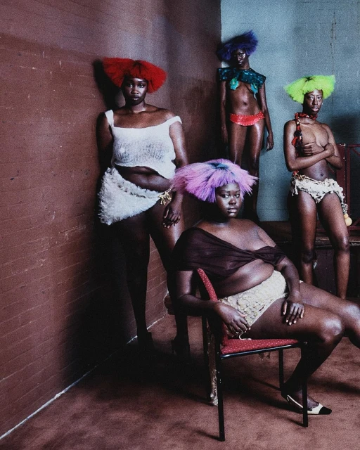 Group of five dark-skinned people in colorful wigs and unique clothing posing in a room with reddish-brown walls, creative fashion editorial.