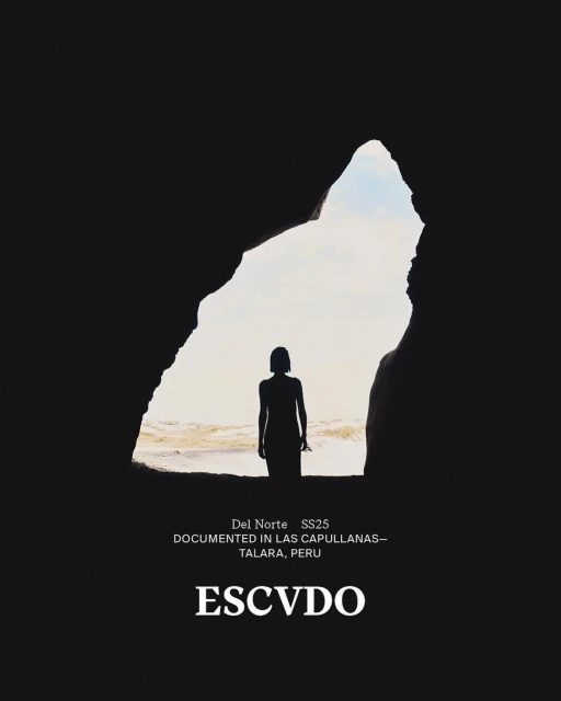 Silhouette of a woman in a cave entrance on a beach, Del Norte SS25, Documented in Las Capullanas, Talara, Peru, ESCVDO brand.