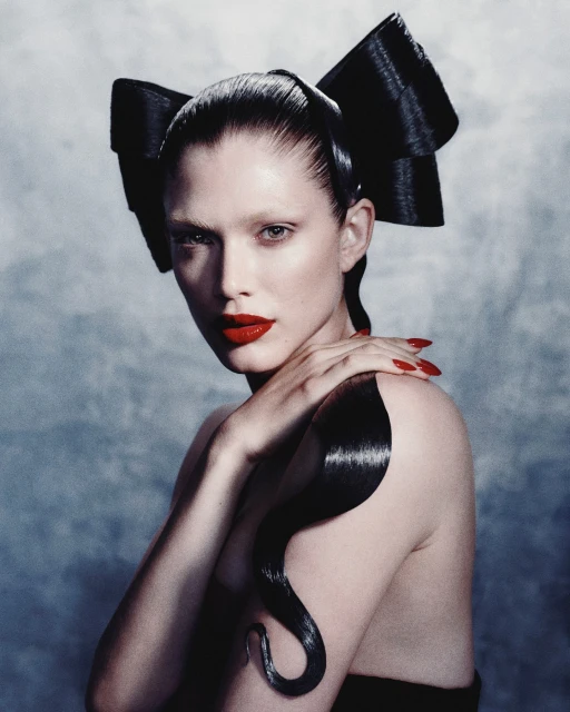 Portrait of a woman with a dramatic black hair bow, bright red lipstick, and shoulder-length curled hairstyle against a grey background.