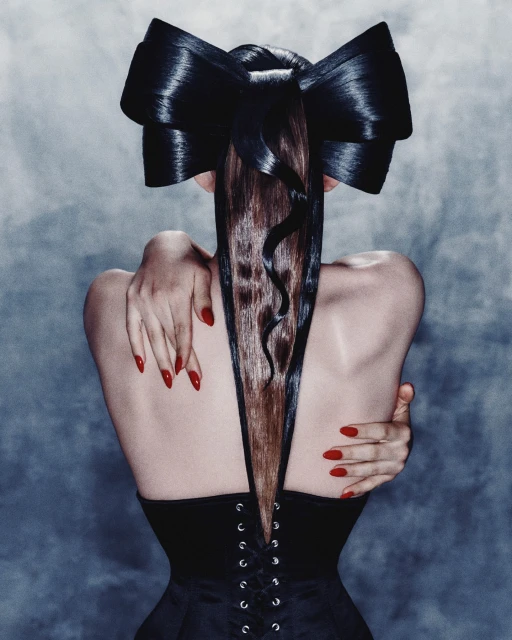 Back view of an adult woman with hair styled in a large black bow and a black corset top. The woman has red nails and light skin.