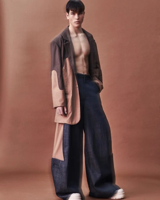 Full-length shot of an adult male fashion model in a brown and beige oversized coat with blue flared pants against a brown background.