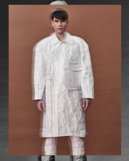 Full shot of male fashion model in a white paper-like textured coat and matching pants against a tan and gray background.
