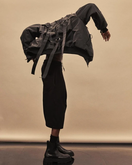 Model wears a dark grey bomber jacket with straps and buckles paired with black culottes and Chelsea boots, posing in a studio setting.