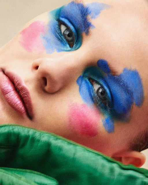 Close-up portrait of a person with blue and pink makeup. Vivid color palette and artistic face paint create a striking editorial look.