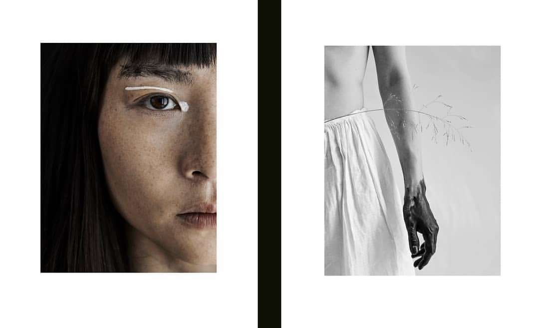 Black and white diptych featuring an Asian woman's face with a white stripe on her brow and a bare-chested figure with black painted arm.