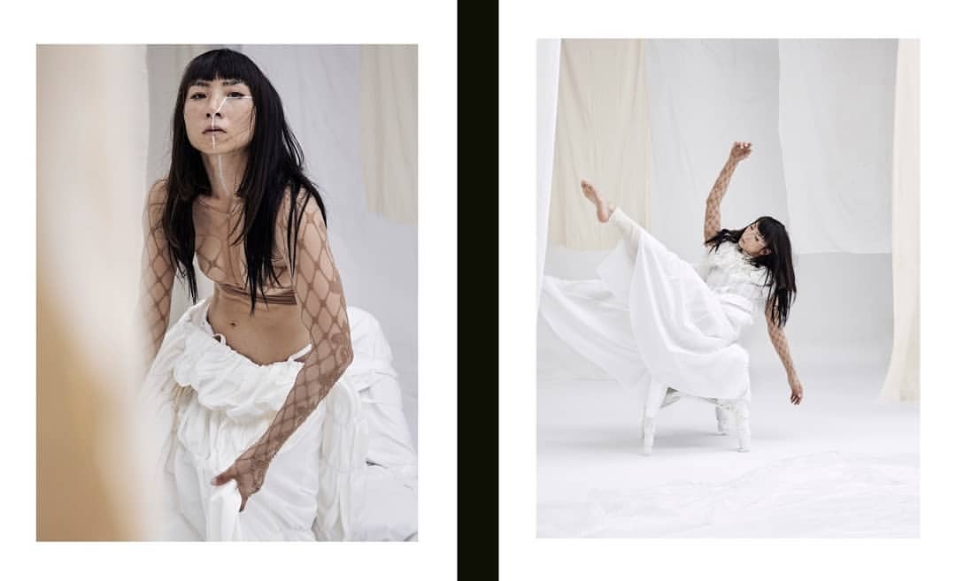 Two panels show a woman with dark hair and face paint in a draped white dress. She is on a white background with beige accents.