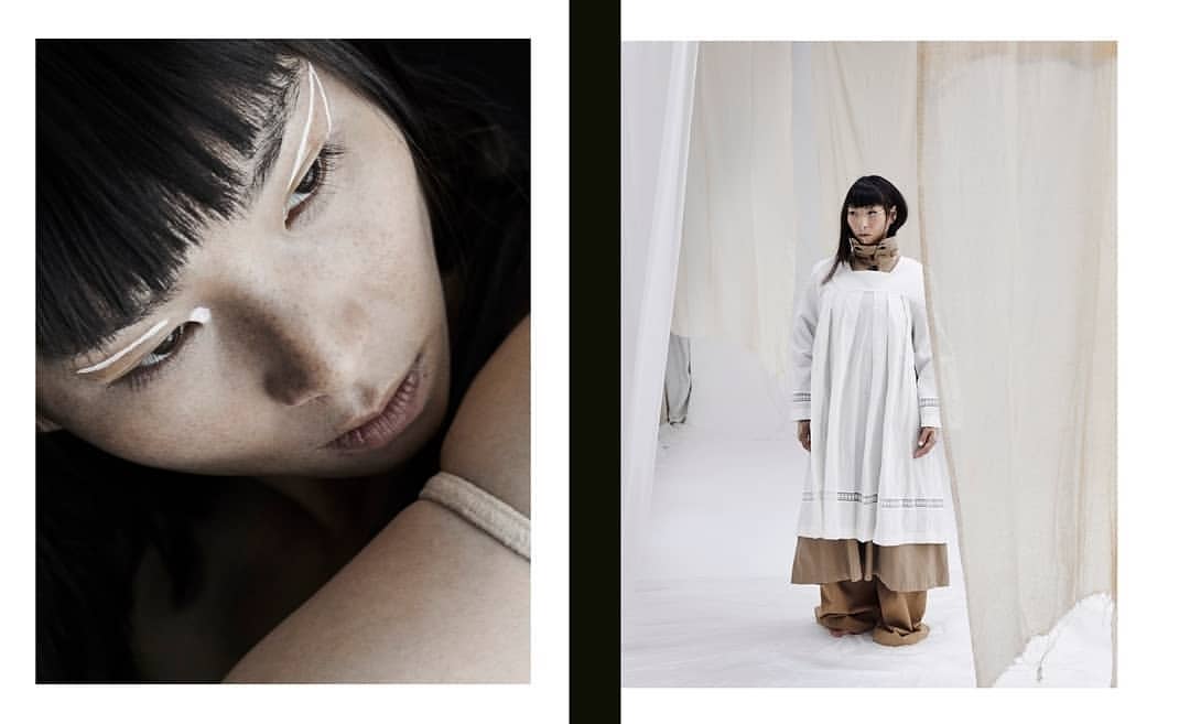 A woman with makeup poses in a split screen: a close-up of the face and a full body shot in a white, minimalist setting.