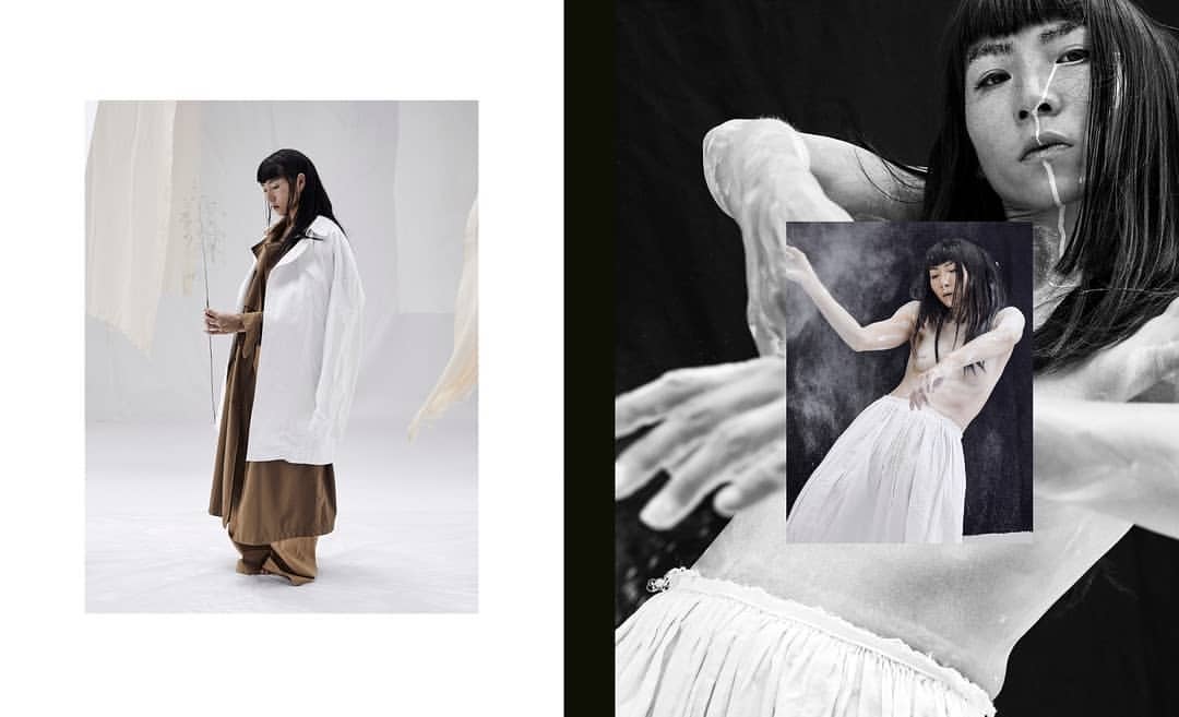 Collage with a long-haired person in white paint, a person in earth-tone clothes, and a figure in a white skirt against black.