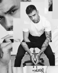 Black and white portrait of Liam Payne sitting on a stool wearing a white t-shirt and black trousers with collaged image fragments.