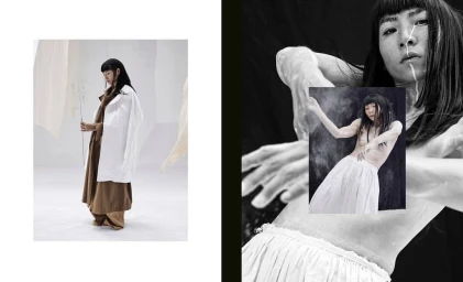 Diptych fashion layout featuring a standing model in a white coat and brown dress next to a textured collage portrait.